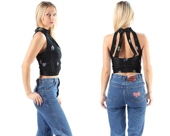 Black Crop Top Blouse 80s Halter Top Sparkly Flora