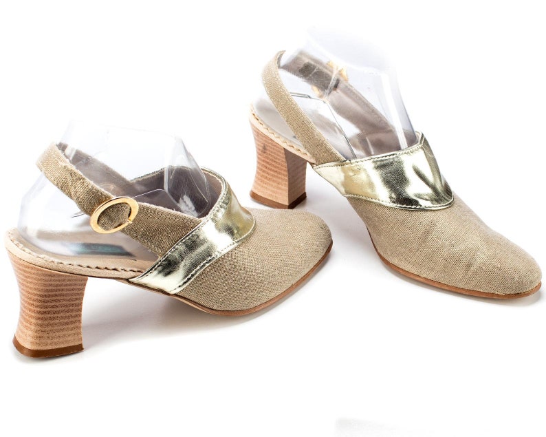 Vegan Mules Slingback Sandals 80s Gold Textile Slip On Summer Shoes Chunky Stacked Heel Back Strap Slider Shoes Heels US 8.5 Uk 6