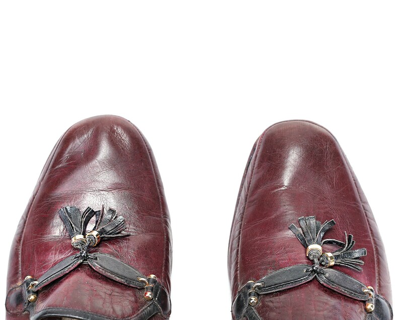 US women 10 Tassel Loafers Leather 80s Burgundy Brown Vintage Loafers Flexible Sole Casual Retro Footwear Everyday Flats Eur 41 Uk 7.5