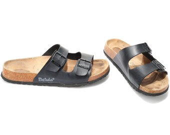 US 12 men Birkenstock Betula Sandals Cork Sole Two Strap Black Slide Sandals Wide Fit Leather Shoes Hipster Casual Footwear . Eur 46 Uk 11
