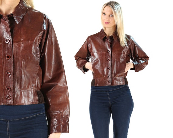 Leather Bomber Jacket 70s Button Up Vintage Brown