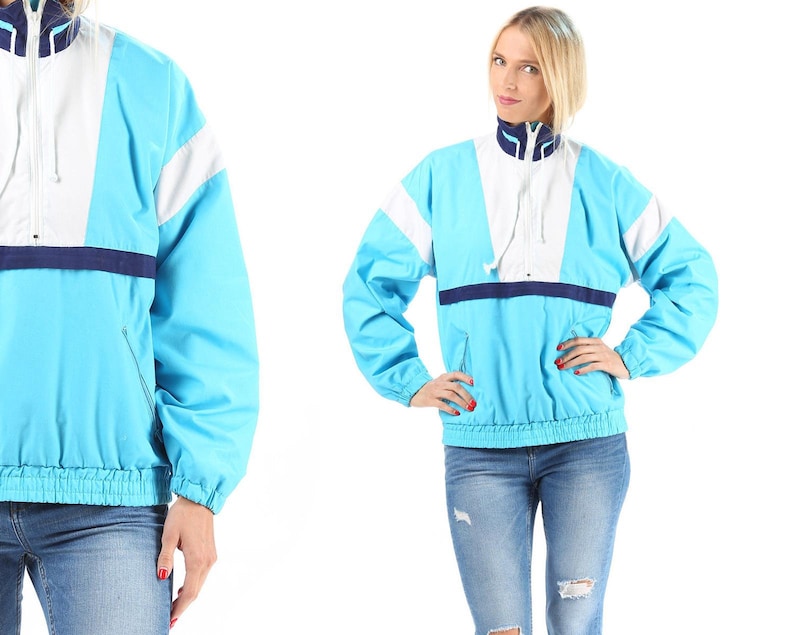 Blue Track Jacket Unisex 80s Turtleneck Blue White Navy Color Block Work Out Shell Bomber Athletic Sports Tracksuit Top Relaxed Fit Medium