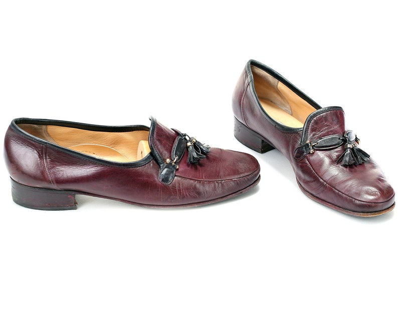 US women 10 Tassel Loafers Leather 80s Burgundy Brown Vintage Loafers Flexible Sole Casual Retro Footwear Everyday Flats Eur 41 Uk 7.5