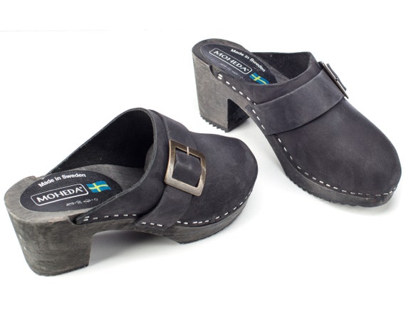 Us 6.5 Scandinavian Clogs 70s . Leather Wood Platf