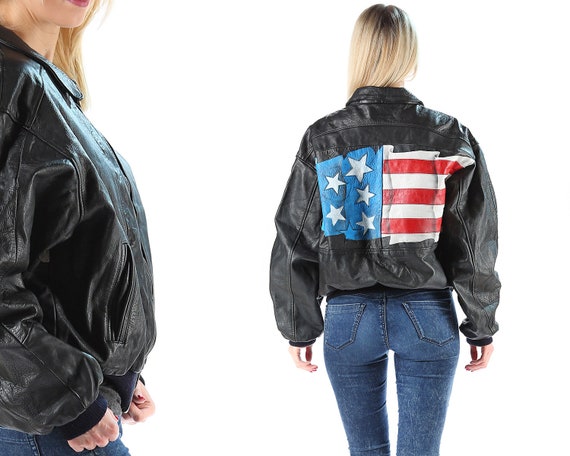 USA Leather Biker Jacket Vintage 80s Aviator Fligh