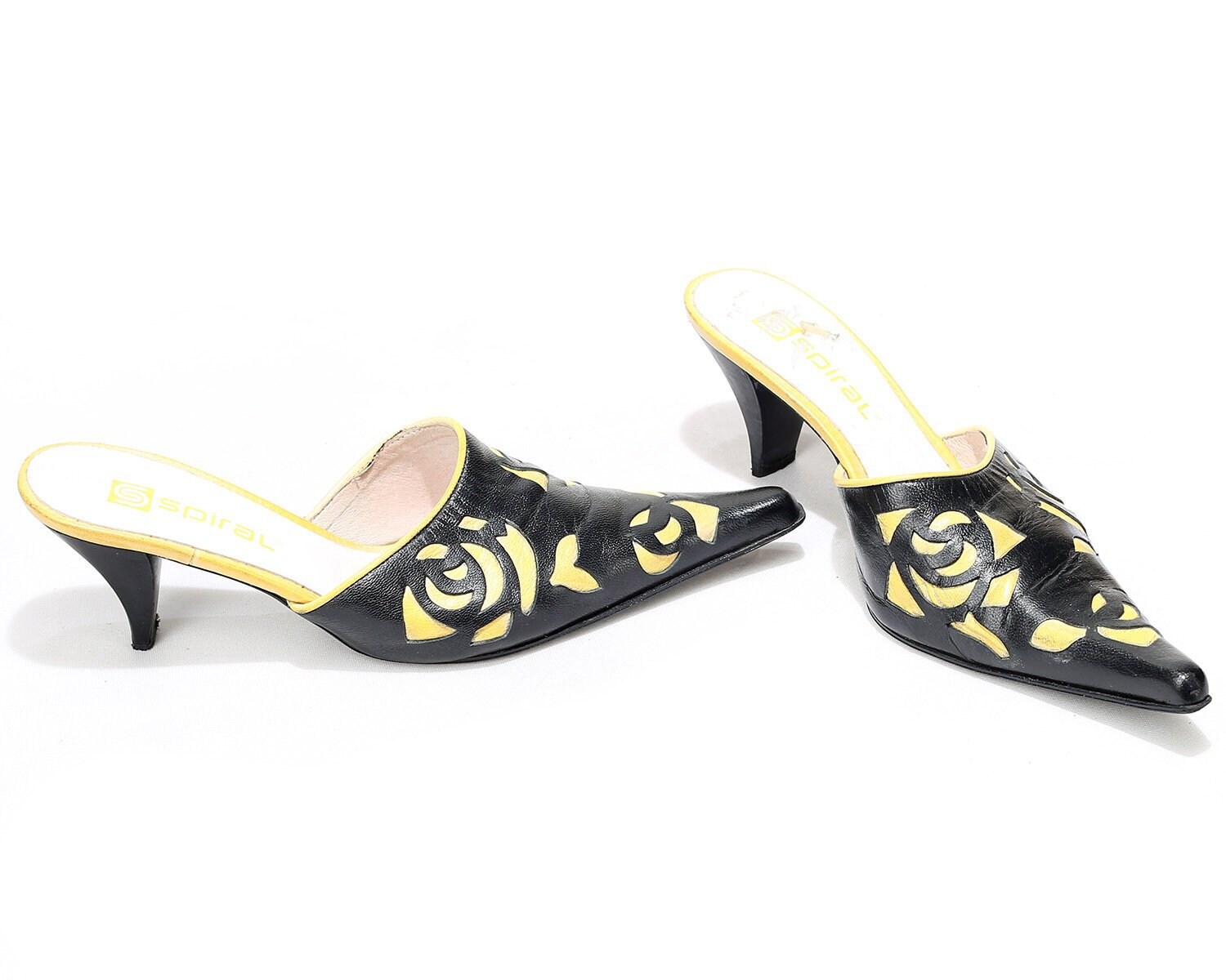 Us 8 Pointed Leather Mules Toe Black Yellow Leather Mule Heels Etsy