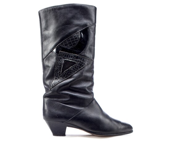 Us 6.5 Slouchy Leather Boots 80s Cone Heel Tall Vi