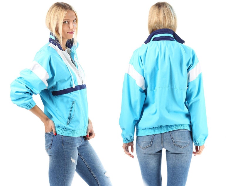 Blue Track Jacket Unisex 80s Turtleneck Blue White Navy Color Block Work Out Shell Bomber Athletic Sports Tracksuit Top Relaxed Fit Medium