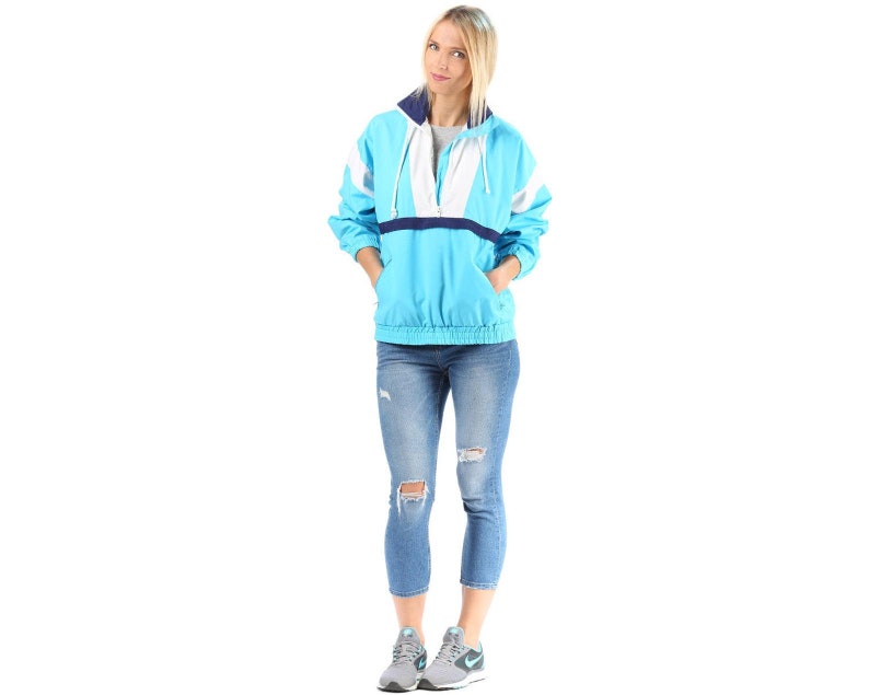 Blue Track Jacket Unisex 80s Turtleneck Blue White Navy Color Block Work Out Shell Bomber Athletic Sports Tracksuit Top Relaxed Fit Medium