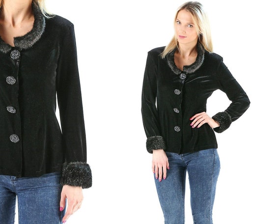 BLACK VELVET top beautiful tapestry style black velvet button up blouse shirt jacket cutest collar long sleeves 90s goth western shirt