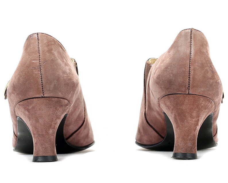 US women 7.5 Brown Suede Shoes Vintage Louie Heel 70s Retro Shoes Granny Style Wide Fit Flapper Boho Shoes Leather Sole Eur 38 UK 5