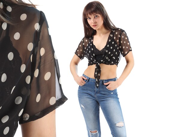 vc2 90s Crop Top Black /& White Polka Dot Blouse Vintage Plus Size 1618 Short Sleeves Stretchy Shirt