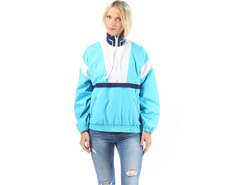 Blue Track Jacket Unisex 80s Turtleneck Blue White Navy Color Block Work Out Shell Bomber Athletic Sports Tracksuit Top Relaxed Fit Medium