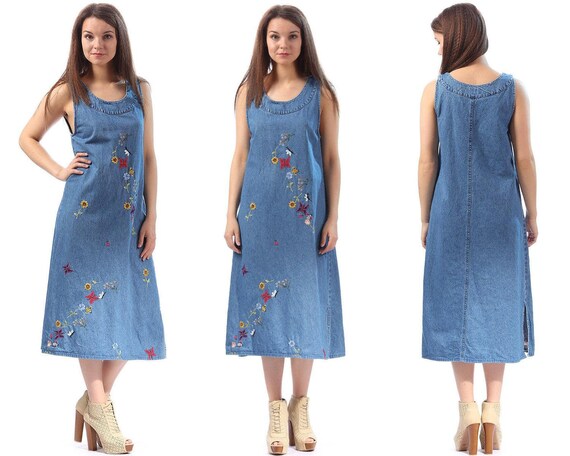 Vintage 90s Pinafore Denim Dress . Embroidered Dre