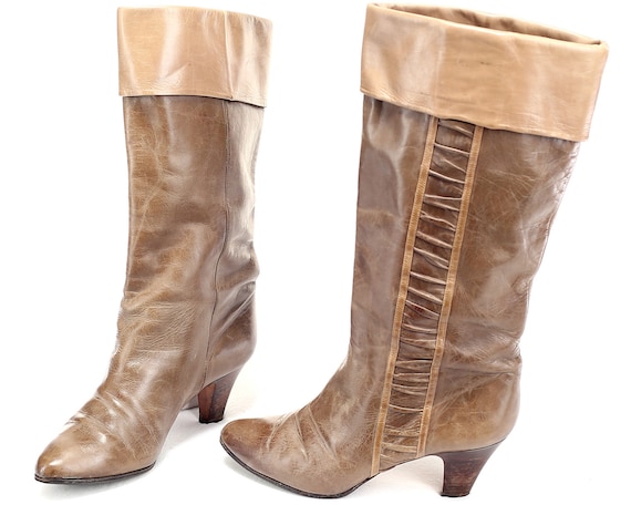 US 6.5 Slouchy Leather Boots 80s . Brown Pull On S