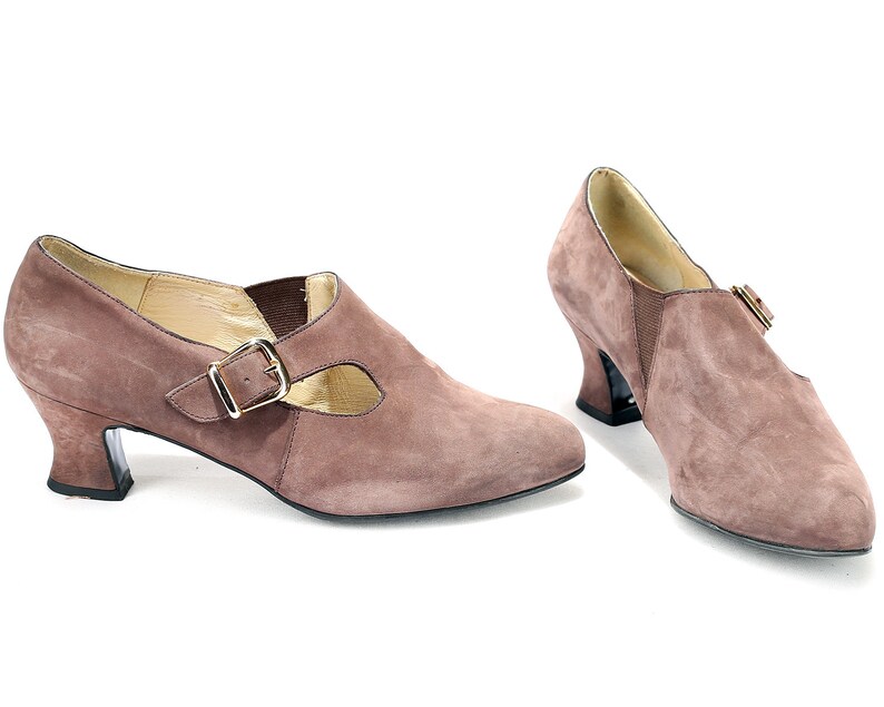 US women 7.5 Brown Suede Shoes Vintage Louie Heel 70s Retro Shoes Granny Style Wide Fit Flapper Boho Shoes Leather Sole Eur 38 UK 5