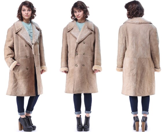 Men Shearling Coat Vintage Sheepskin 1970s Winter