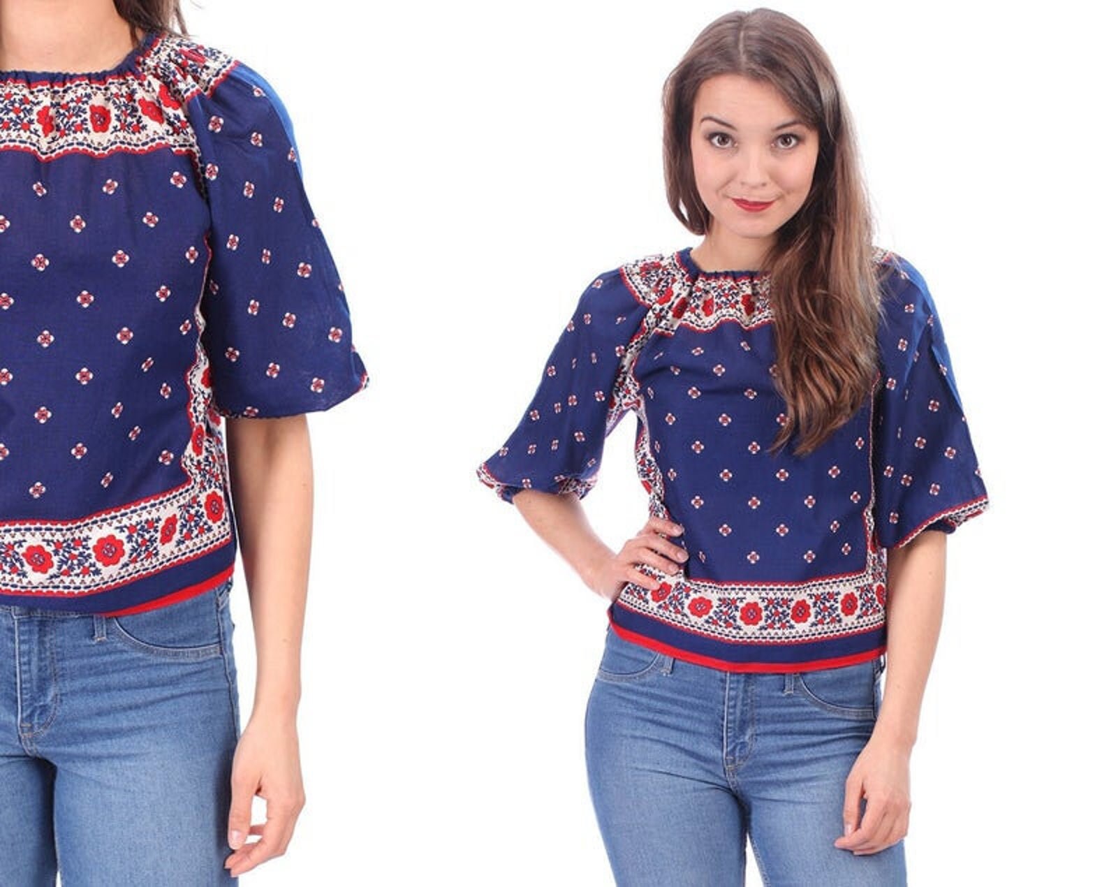 Floral Cotton Top Bandana Print Shirt Blouse 70s Hippie Etsy