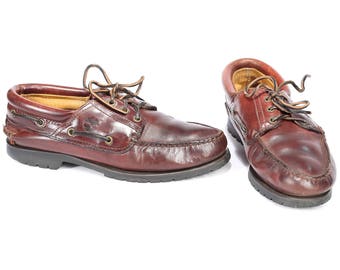 Us men 9 Vintage Boat Shoes 80s Leather Brown Distressed Top Sider Timberland Loafers Rugged Sole Wide Fit Comfortable Eur 43, UK 8.5