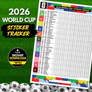 May include: A 2026 World Cup sticker tracker PDF document featuring a grid of national flags, country names, and numbered boxes for tracking stickers. The document includes the FIFA World Cup logo and a space for a name at the bottom.