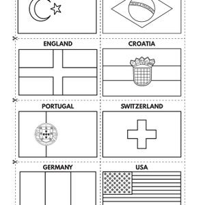 Op de afbeelding: Een zwart-wit printbaar werkblad met acht nationale vlaggen in omtrek voor kleuractiviteiten. De vlaggen omvatten Turkije, Brazilië, Engeland, Kroatië, Portugal, Zwitserland, Duitsland en de VS, elk gelabeld met de bijbehorende landnaam.