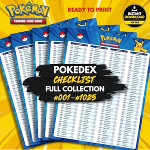 Könnte beinhalten: Eine digitale Pokédex-Checkliste für das Pokémon-Sammelkartenspiel auf gelbem Hintergrund mit blauen Rändern. Das Dokument listet Kartennamen und Nummern von 001 bis 1025 auf, mit einer zentralen schwarzen Pinselstrich-Grafik, die den Text POKEDEX CHECKLIST FULL COLLECTION #001~#1025 enthält.
