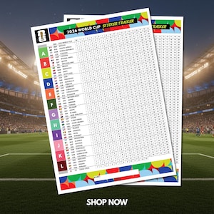 Checklista för klistermärken i fotbolls-VM 2026, utskrivbar, spårningslista för fotbollsklistermärken, A4 PDF, direktnedladdning