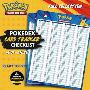 Könnte beinhalten: Eine Pokemon Sammelkarten-Checkliste mit einem Pokedex-Karten-Tracker für die Nummern 001 bis 1025. Das Dokument enthält eine Liste von Pokemon-Namen mit Kontrollkästchen zur Nachverfolgung, das Pokemon-Logo und eine Pikachu-Illustration.