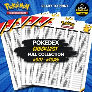 Könnte beinhalten: Eine druckbare Pokémon Trading Card Game Sammel-Checkliste mit einer Liste von Karten von Nummer 001 bis 1025. Das Dokument enthält den Text POKEDEX CHECKLIST FULL COLLECTION #001~#1025, Pokémon-Logos und eine gelbe Pikachu-Illustration.