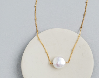 Coin Pearl Necklace, Single Pearl Pendant, Bridesmaid Necklace, Gold Pearl Necklace
