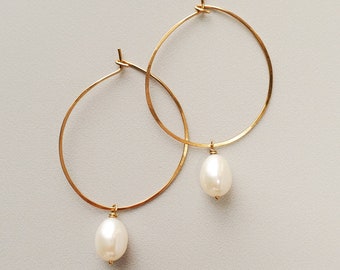Freshwater Pearl Hoop Earrings, White Pearl Hoop Earrings, Pearl Dangle Hoop Earrings, Gold Filled Hoops, Sterling Silver Pearl Hoop Earring
