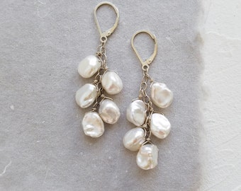 Keshi Pearl Earrings, Pearl Dangle Earrings, White Freshwater Pearl Earrings, Pearl Bridal Earrings, Beach Bride Jewelry, Boho Bride