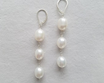 Three Pearl Earrings, Triple Drop Earrings, Pearl Bridal Earrings, Pearl Wedding Earrings Gold or Silver