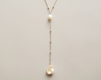 Pearl Y Necklace, Keshi Pearl Necklace, Dainty Y Necklace, Bridal Y Necklace, Beaded Chain Necklace, Boho Bridal Necklace