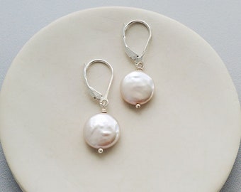 Coin Pearl Earrings, Gold Pearl Earrings, Pearl Bridal Earrings, Bridesmaid Earrings, Sterling Silver Pearl Earrings