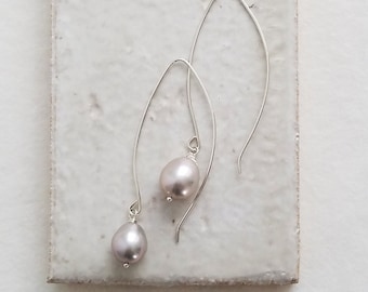 Gray Pearl Drop Earrings, Long Dangle Pearl Earrings, Long Wire Earrings, Silver Pearl Earrings, 14kt Gold Fill or Sterling Silver