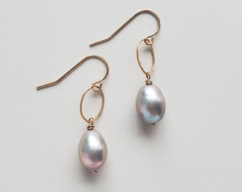 Gray Pearl Drop Earrings, Oval Pearl Earrings, Freshwater Pearl Drop Earrings, Sterling Silver or 14kt Gold Fill