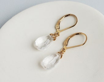 Clear Quartz Teardrop Earrings, April Birthstone Earrings, Crystal Quartz Earrings, Gemstone Drops