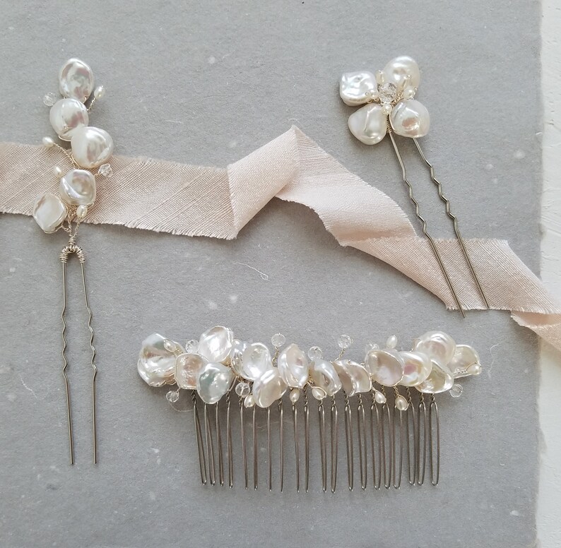 Pearl Flower Hair Pin, Freshwater Pearl Hair Pin, Pearl Bridal Hair Pin, Pearl Wedding Accessories, Bridal Hair Pin Silver, Floral Hair Pin image 6