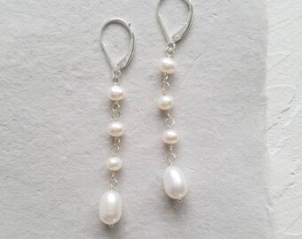 Freshwater Pearl Dangle Earrings, Pearl Bridal Earrings, Pearl & Quartz Earrings, Delicate Pearl Earrings, Sterling Silver