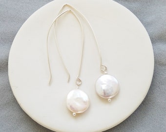 Coin Pearl Earrings, Long Dangle Pearl Earrings, Gold Pearl Earrings, Sterling Silver Pearl Earrings