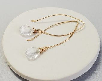 Quartz Dangle Earrings, April Birthstone Jewelry, Long Dangle Gold Earrings