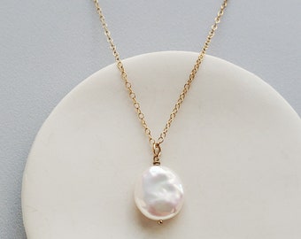 Coin Pearl Pendant, June Birthstone, Pearl Necklace, Gifts For Her, Sterling Silver or 14kt Gold Fill