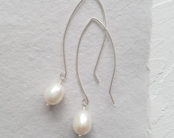 Pearl Drop Earrings, Large Pearl Earrings, Pearl Bridal Earrings, Long Wire Earrings, Sterling Silver or 14kt Gold Fill