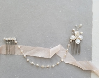 Pearl Hair Chain, Bridal Hair Chain, Gold Pearl Hair Comb, Boho Wedding Accessories, Floral Wedding Hair Accessories