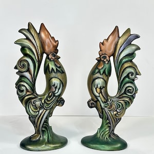 Vintage Ceramic Roosters Handpainted 1968 12”