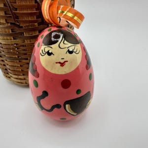 Vintage Russian Hand Painted Matryoshka Girl Wooden Egg Ornament 3&quot; w/Basket