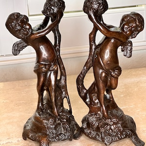 Vintage Bronze Cherub Candlestick Holders | Putti Angel Candle Holders | Baroque Home Decor | Renaissance Style Pair | Heavy Metal