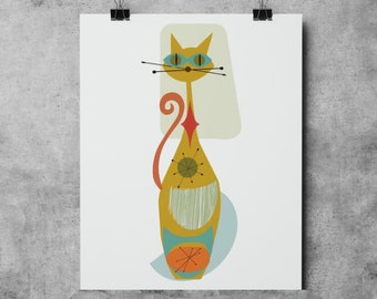 Mid Century Cat Mid-Century Modern, Downloadable - Original Illustration Fine Art Quality Giclee Print cat kitten poster mid century