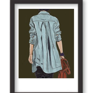 May include: A woman wearing a light blue denim shirt with a red bag over her shoulder. The shirt has a loose fit and is unbuttoned. The woman is walking away from the viewer.